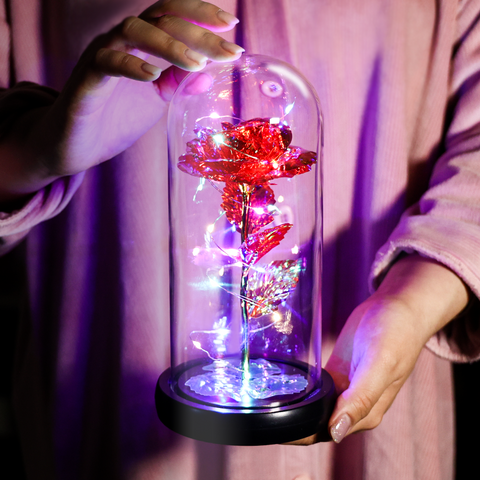 Galaxy Rose in Glass Dome with LED Lights Enchanted Rose