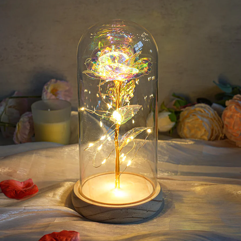 Wooden Base Galaxy Rose in Glass Dome with Warm Lights Timeless Beauty