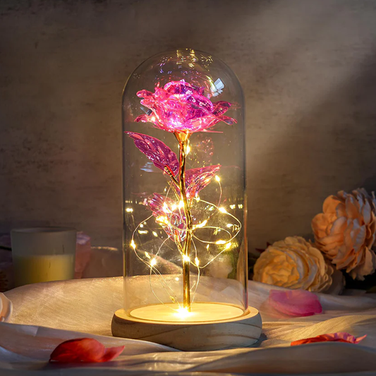 Log Base Galaxy Rose in Glass Dome with LED Lights