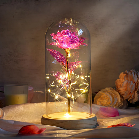 Log Base Galaxy Rose in Glass Dome with LED Lights