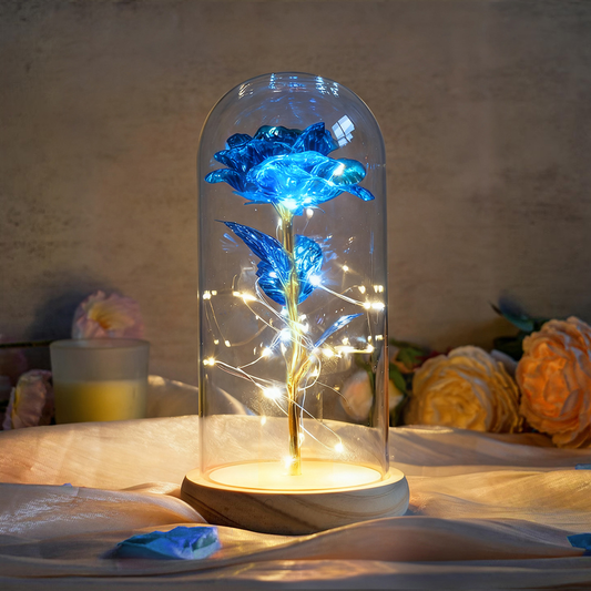 Log Base Galaxy Rose in Glass Dome with LED Lights Forever in Bloom