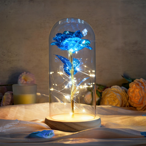 Log Base Galaxy Rose in Glass Dome with LED Lights Forever in Bloom