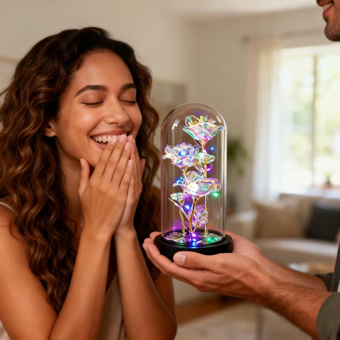 Galaxy Triple Rose in Glass Dome with LED Lights