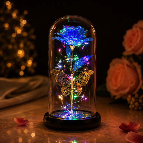 Forever Yours Butterfly Galaxy Rose in Glass Dome with LED Lights
