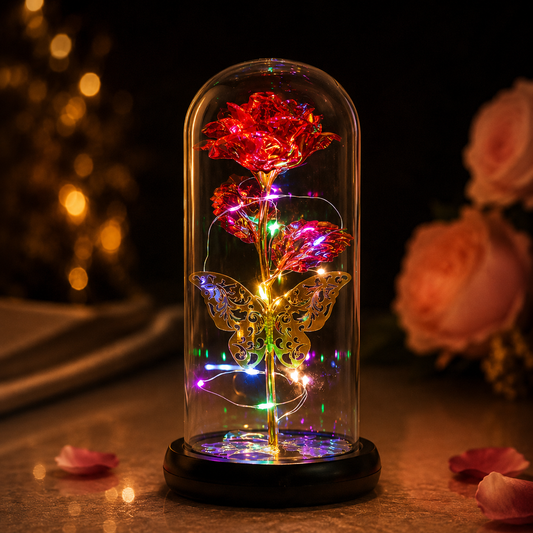 Timeless Galaxy Rose in Glass Dome with Butterfly and LED Lights