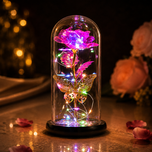 Galaxy Rose in Glass Dome with Butterfly and Colorful LED Lights