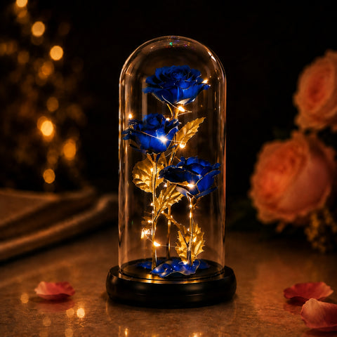 Galaxy Triple Rose in Glass Dome with LED Lights