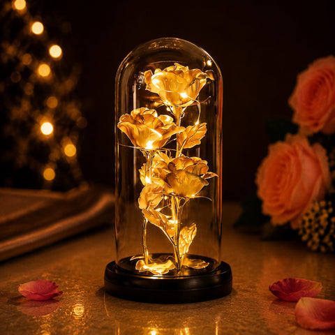 Galaxy Triple Rose in Glass Dome with LED Lights