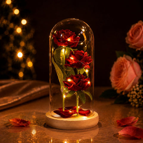 Triple Artificial Roses in Glass Dome Decorations Rose