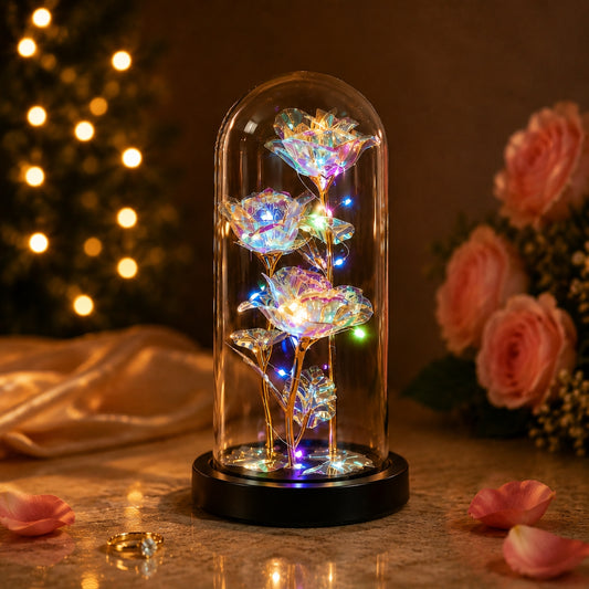 Galaxy Triple Rose in Glass Dome with LED Lights