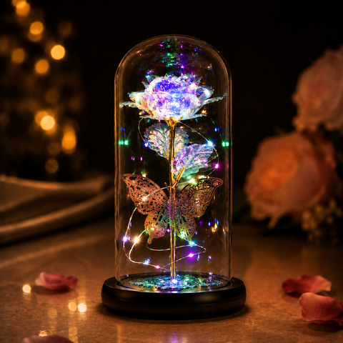Galaxy Rose in Glass Dome with Butterfly and Colorful LED Lights