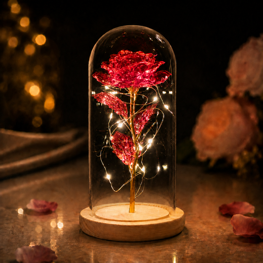 Timeless Galaxy Rose in Glass Dome with Warm Lights