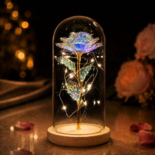 Wooden Base Galaxy Rose in Glass Dome with Warm Lights Timeless Beauty