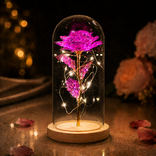 Log Base Galaxy Rose in Glass Dome with LED Lights