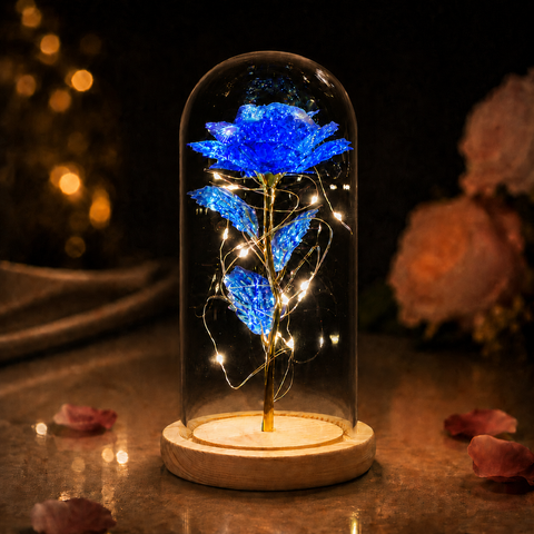 Log Base Galaxy Rose in Glass Dome with LED Lights Forever in Bloom