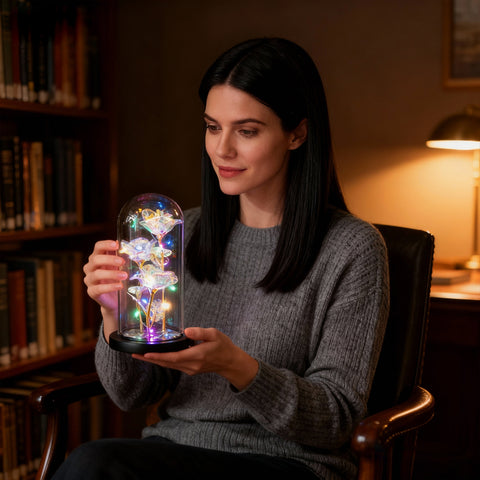 Galaxy Triple Rose in Glass Dome with LED Lights