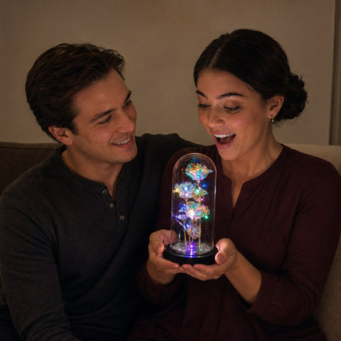 Galaxy Triple Rose in Glass Dome with LED Lights