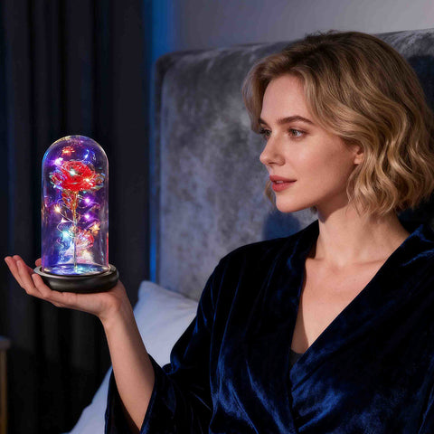 Galaxy Rose in Glass Dome with LED Lights Enchanted Rose