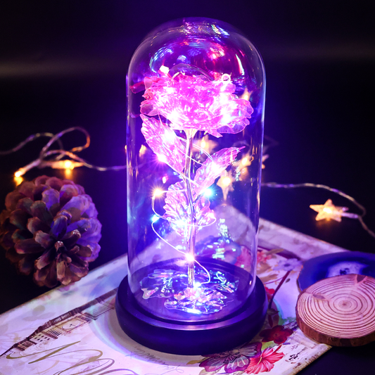 Galaxy Rose in Glass Dome with LED Lights 3 Days Delivery - Pink