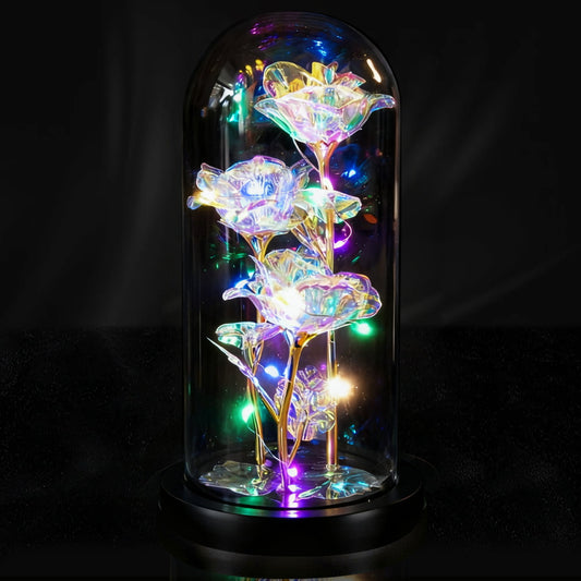 Galaxy Triple Rose in Glass Dome with LED Lights