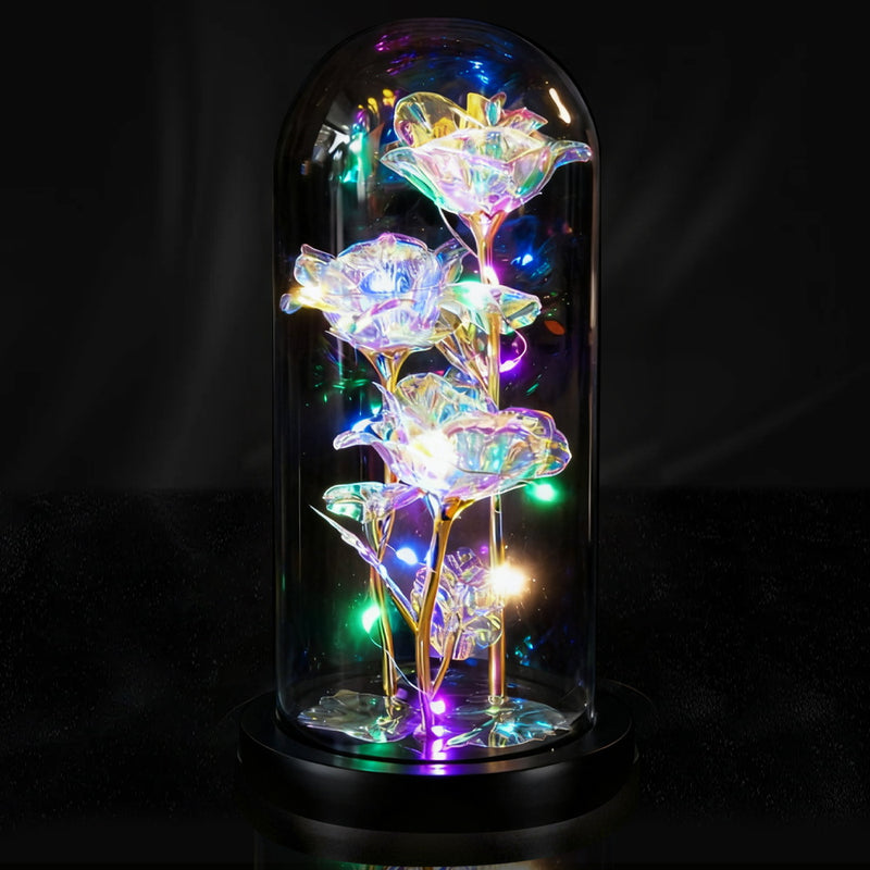 Galaxy Triple Rose in Glass Dome with LED Lights