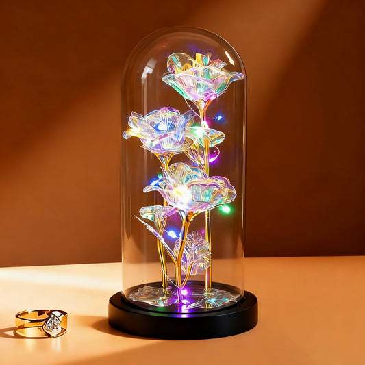 Galaxy Triple Rose in Glass Dome with LED Lights