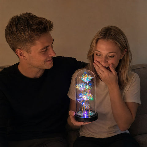 Galaxy Triple Rose in Glass Dome with LED Lights