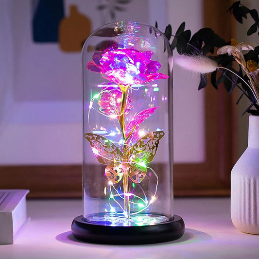 Galaxy Rose in Glass Dome with Butterfly and Colorful LED Lights