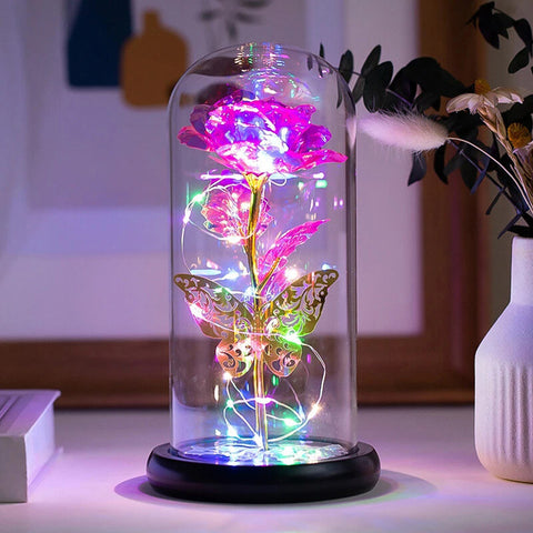 Galaxy Rose in Glass Dome with Butterfly and Colorful LED Lights
