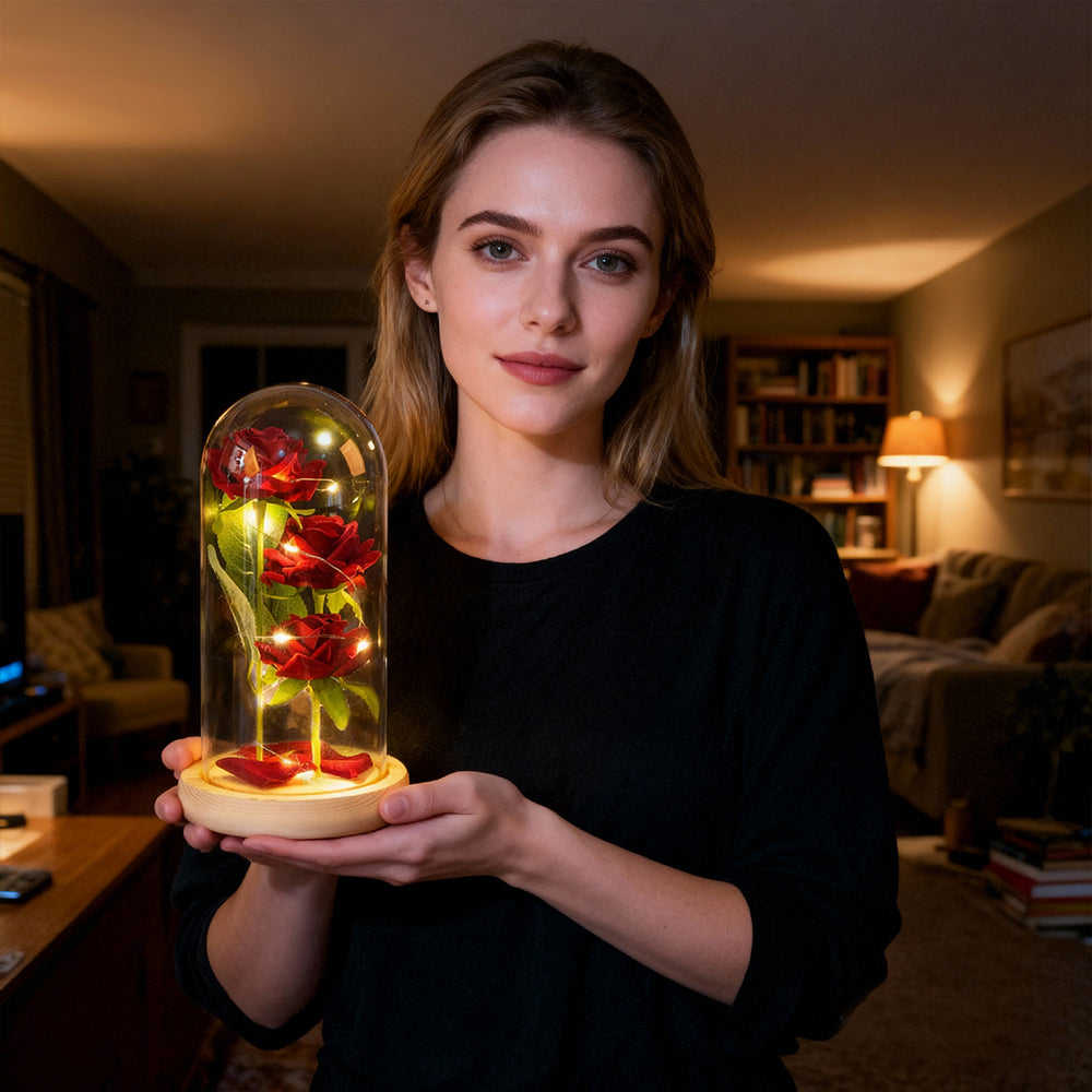 Rose In Glass Three Artificial Rose in Glass Dome with Colorful LED Lamp – Myglassrose