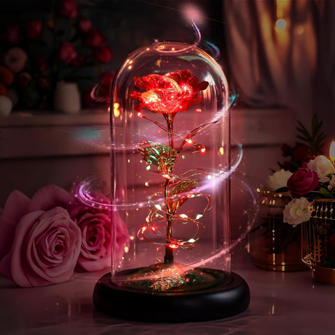 Galaxy Rose in Glass Dome with LED Lights Enchanted Rose