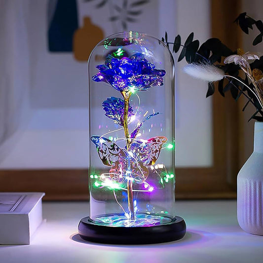 Butterfly Galaxy Rose in Glass Dome with LED Lights Lasting Like Love