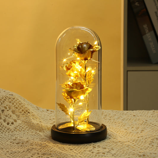 Galaxy Three Rose with LED Lights in Glass Dome 3 Days Delivery - Yellow