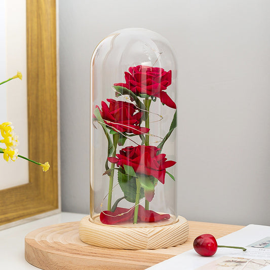 Three Artificial Roses Glass Cover Decorations Rose - Red