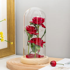 Three Artificial Roses Glass Cover Decorations Rose - Red