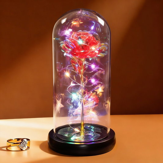 Galaxy Rose in Glass Dome with LED Lights Enchanted Rose