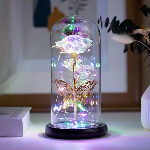 Galaxy Rose in Glass Dome with Colorful LED Lights