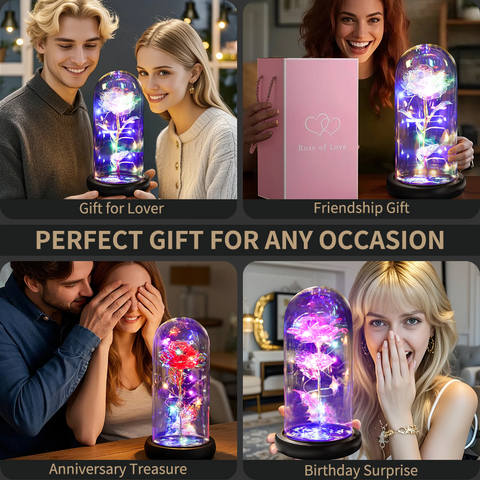Galaxy Rose in Glass Dome with LED Lights Enchanted Rose