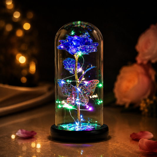 Butterfly Galaxy Rose in Glass Dome with LED Lights Lasting Like Love