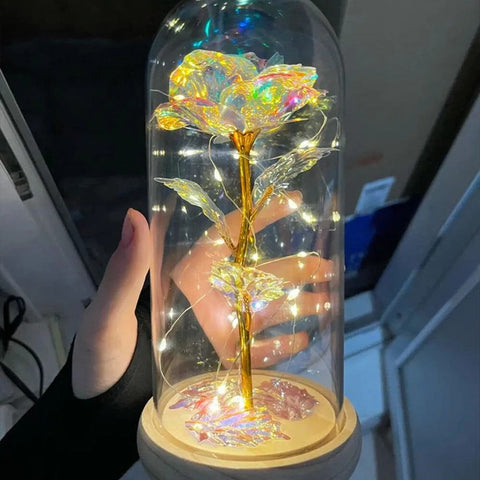 Wooden Base Galaxy Rose in Glass Dome with Warm Lights Timeless Beauty