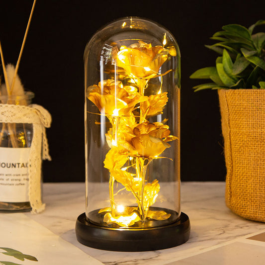 Galaxy Three Rose with LED Lights in Glass Dome 3 Days Delivery - Yellow